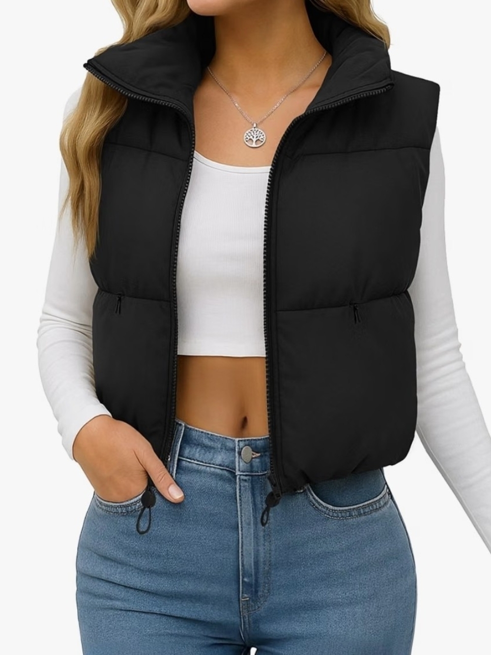 Women's Black Puffer Vest with High Collar